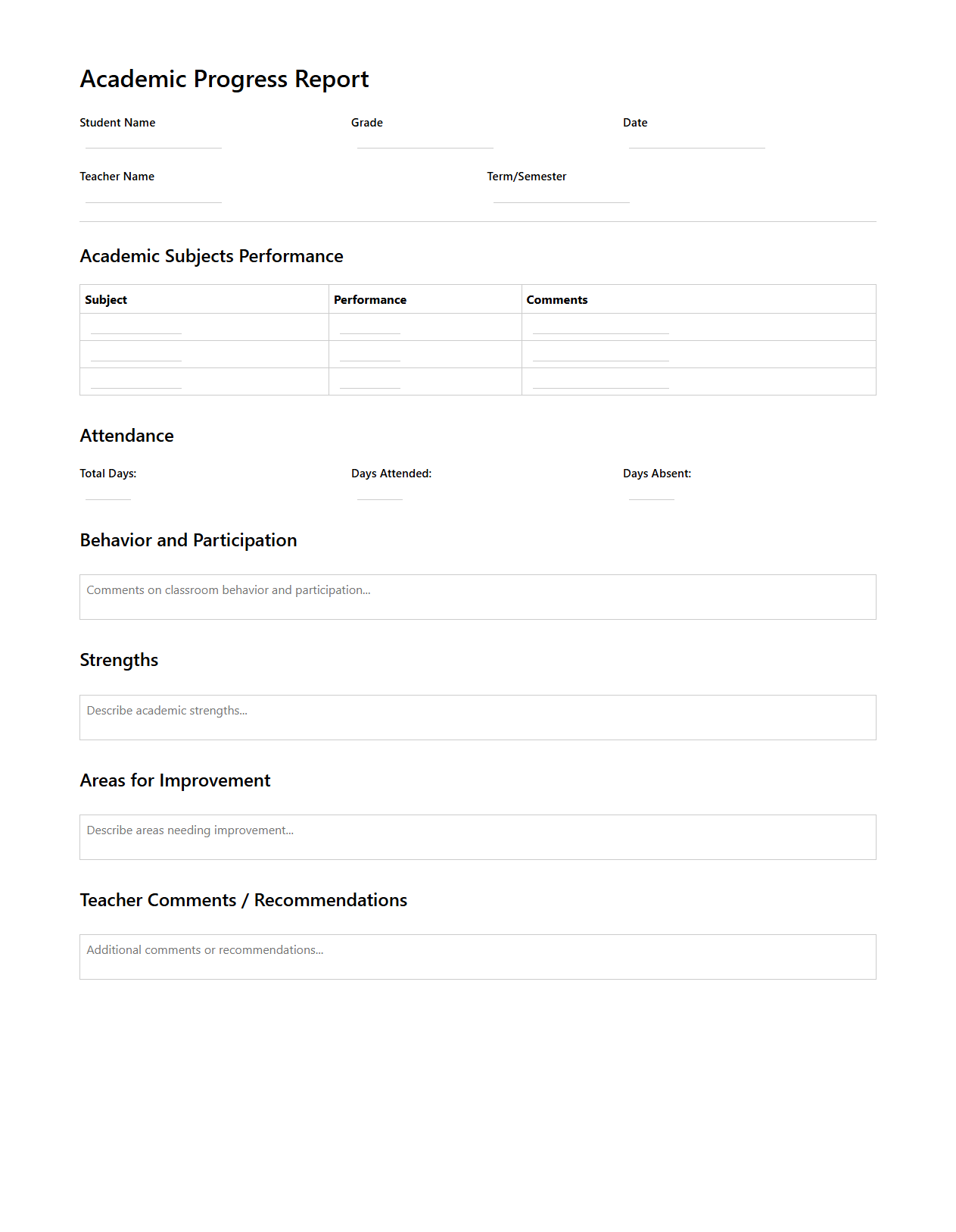 Academic Progress Report Template for Parent Communication