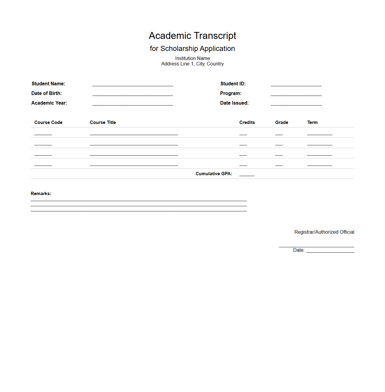 Academic Transcript Sample for Scholarship Application