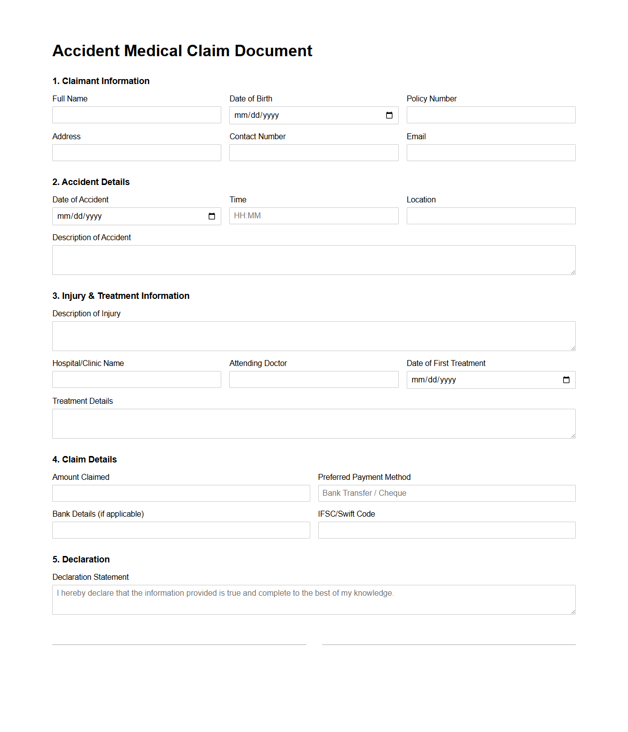 Accident Medical Claim Document Template