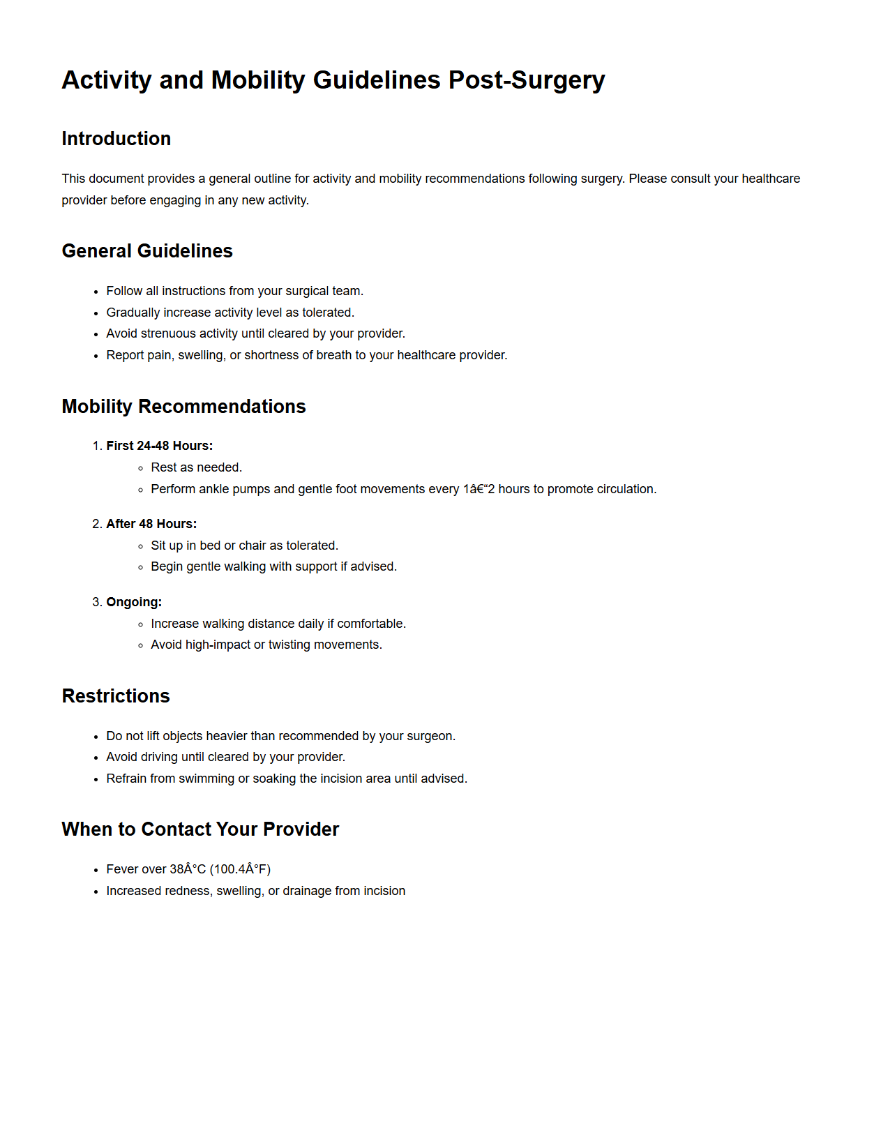 Activity and Mobility Guidelines Post-Surgery
