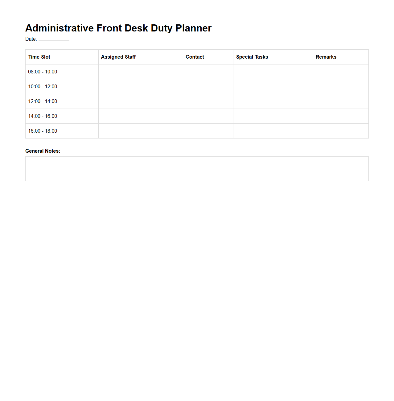 Administrative Front Desk Duty Planner