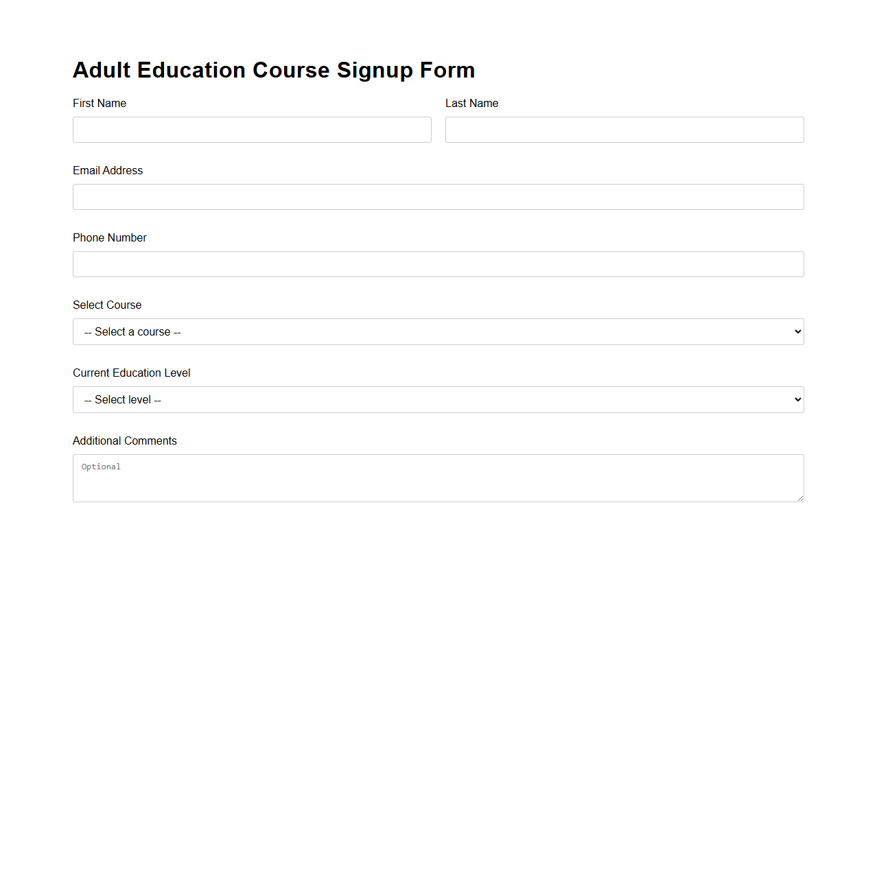 Adult Education Course Signup Form