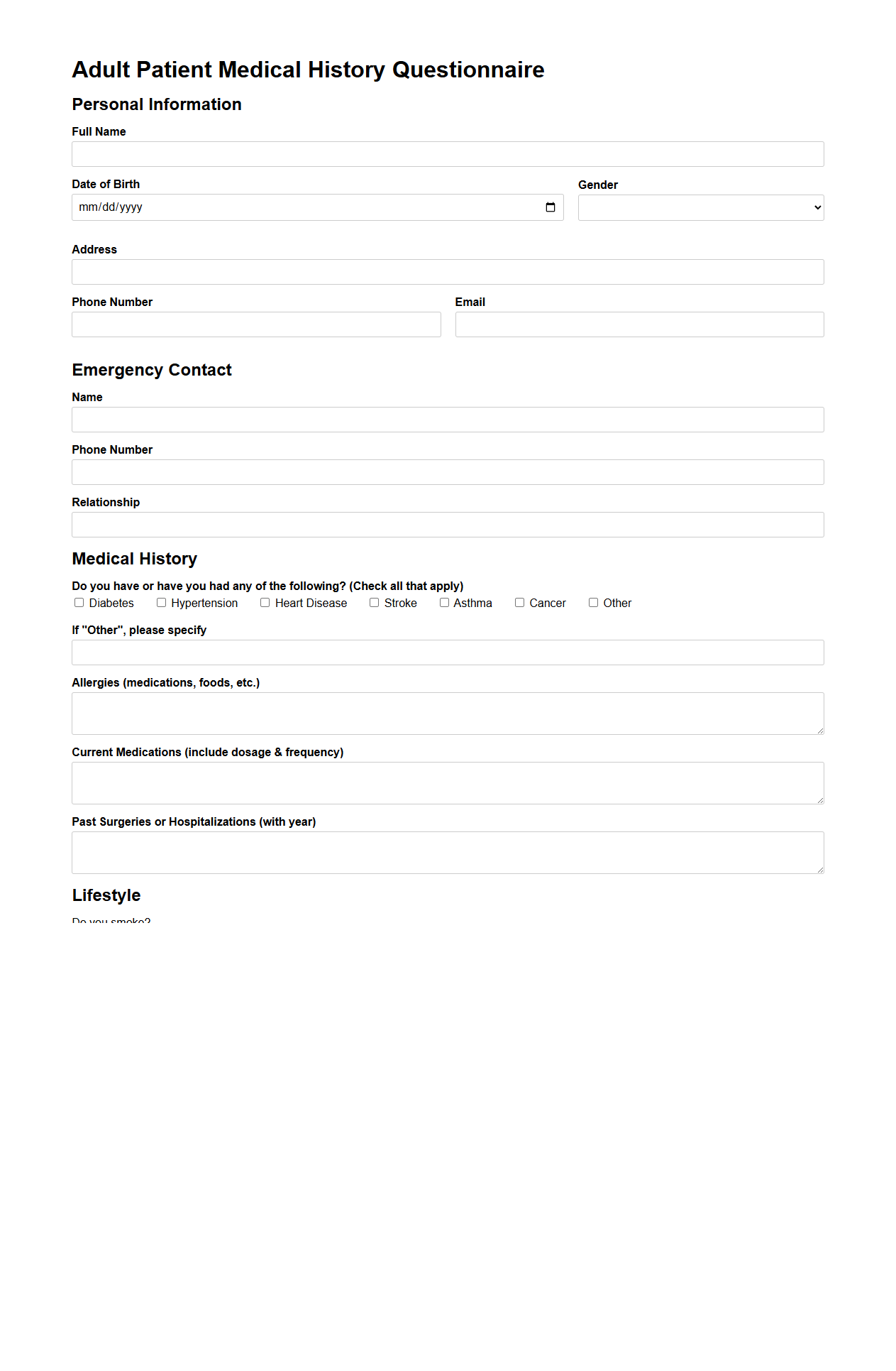 Adult Patient Medical History Questionnaire