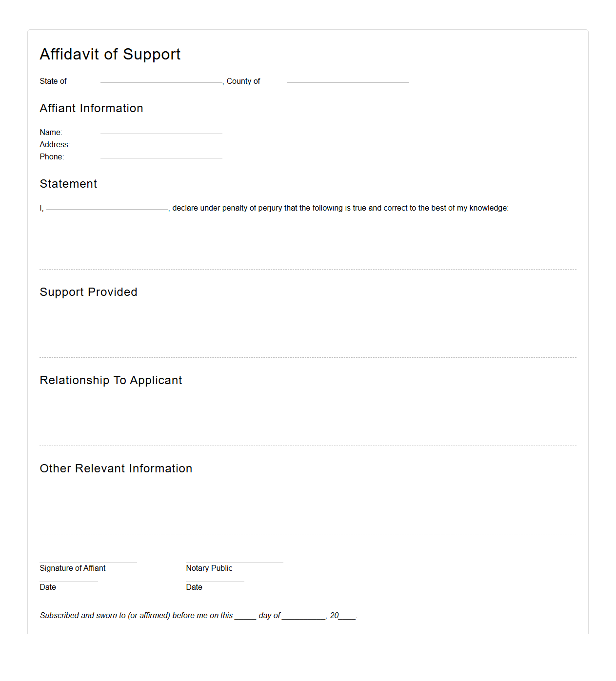 Affidavit of Support Template for Legal Cases