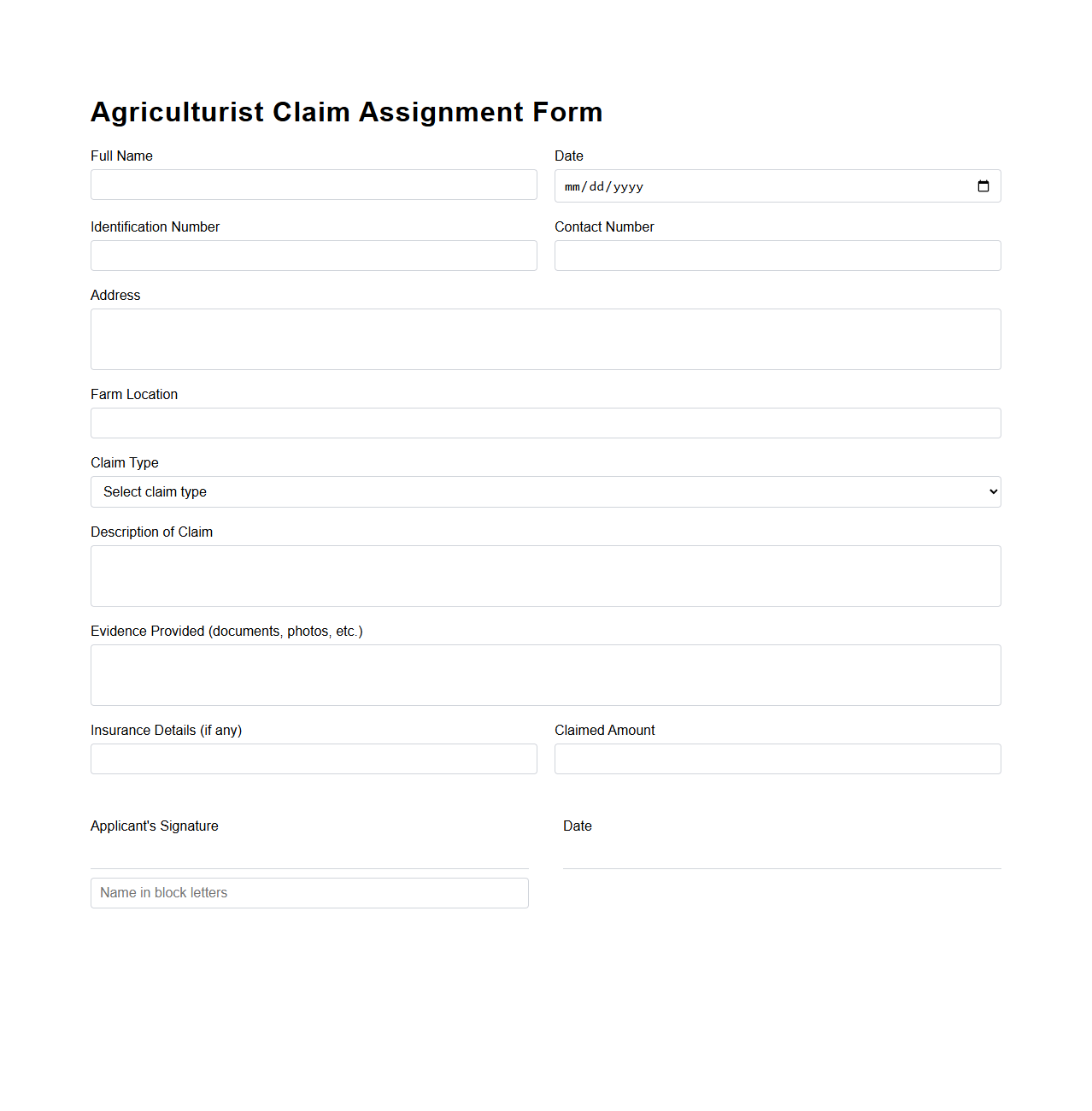 Agriculturist Claim Assignment Form