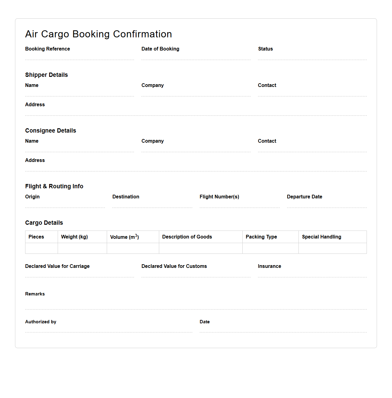 Air Cargo Booking Confirmation Document Template