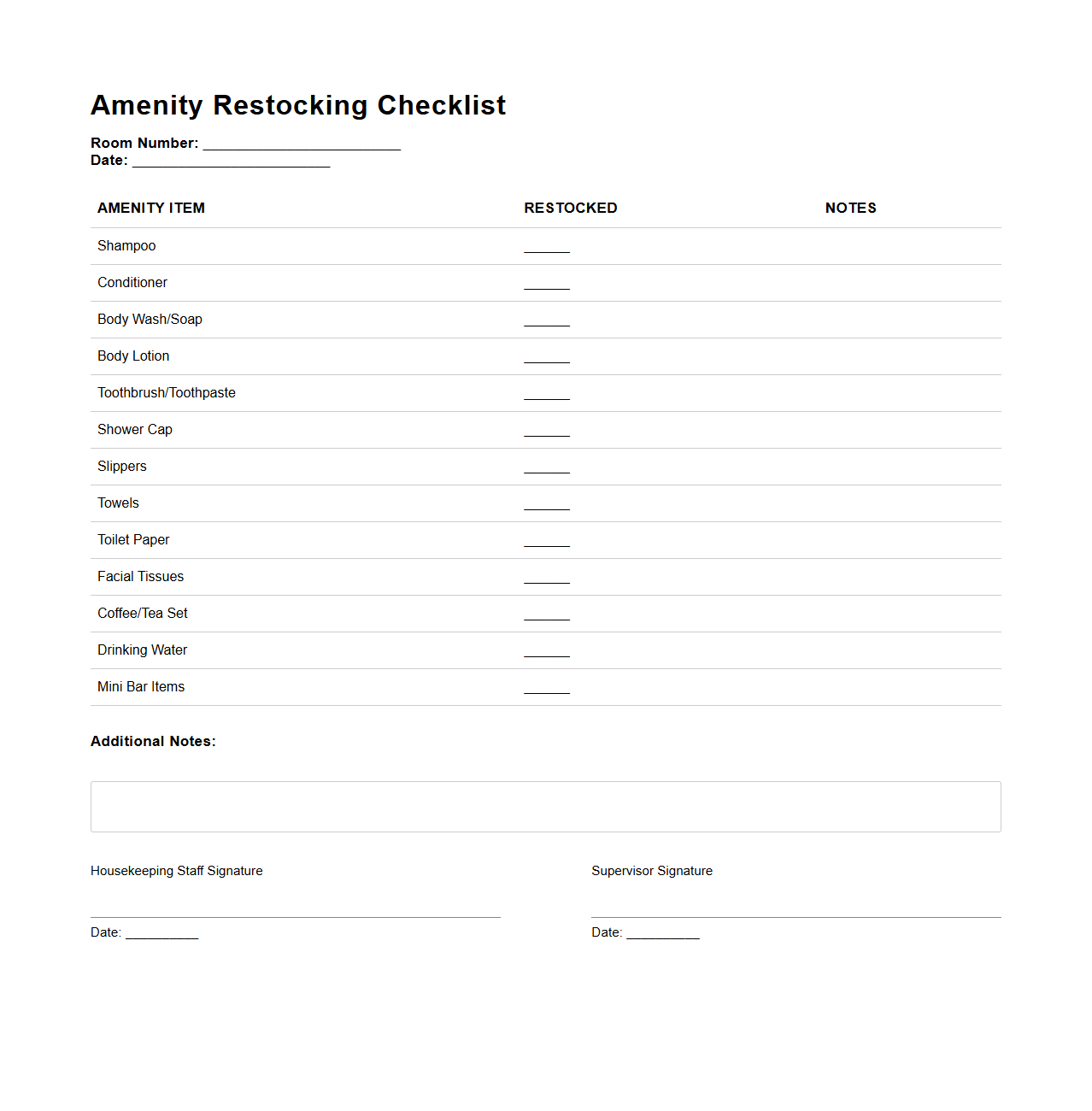Amenity Restocking Checklist for Housekeeping Staff