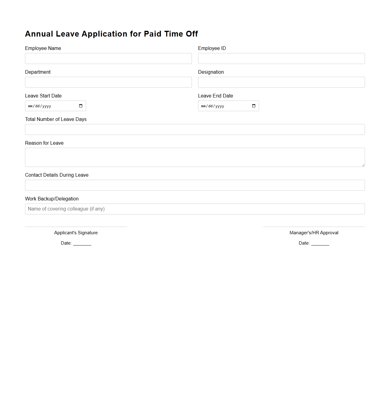 Annual Leave Application for Paid Time Off