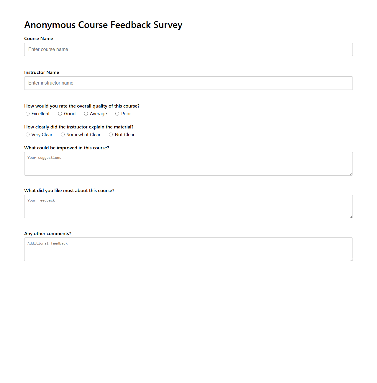 Anonymous Course Feedback Survey Form