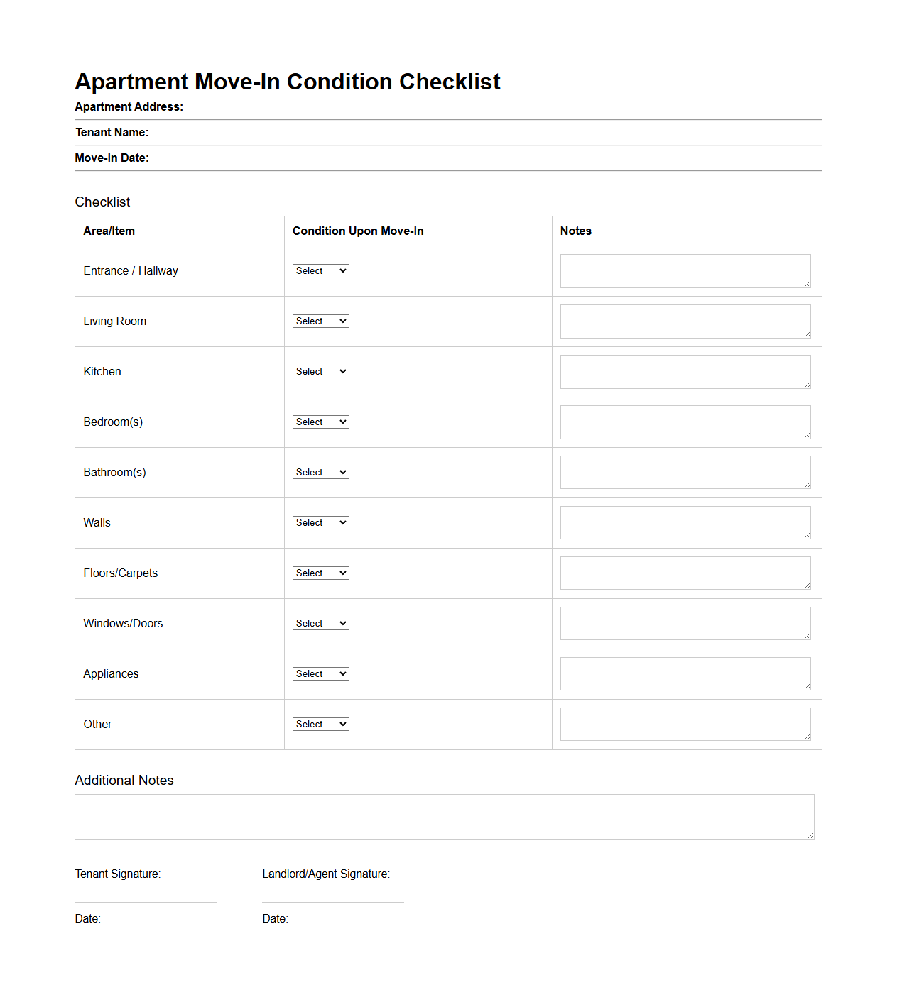 Apartment Move-In Condition Checklist Template