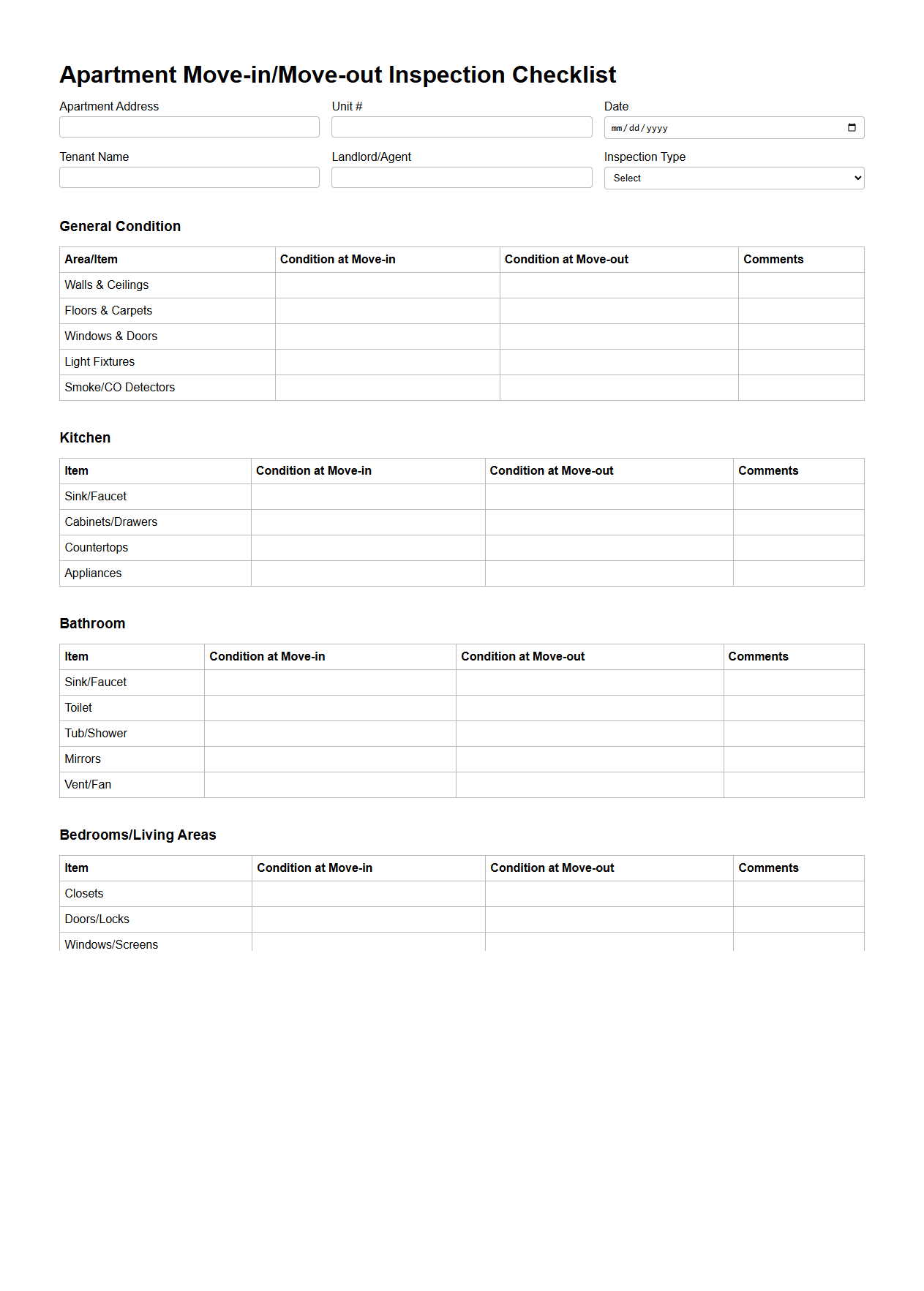 Apartment Move-in/Move-out Inspection Checklist Template