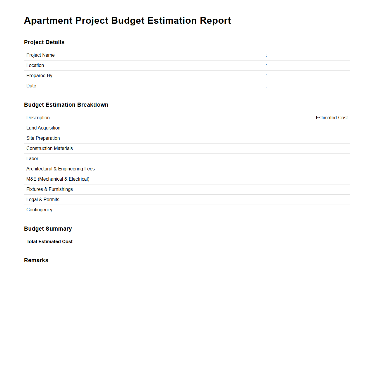 Apartment Project Budget Estimation Report Sample