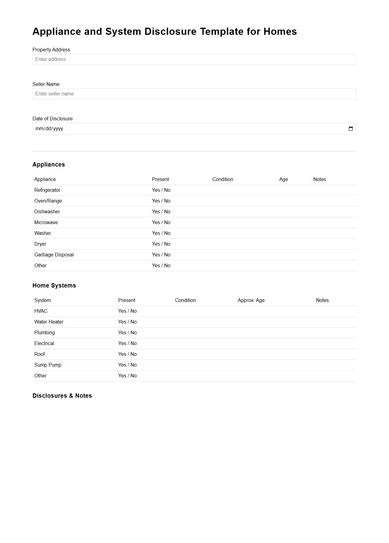 Appliance and System Disclosure Template for Homes
