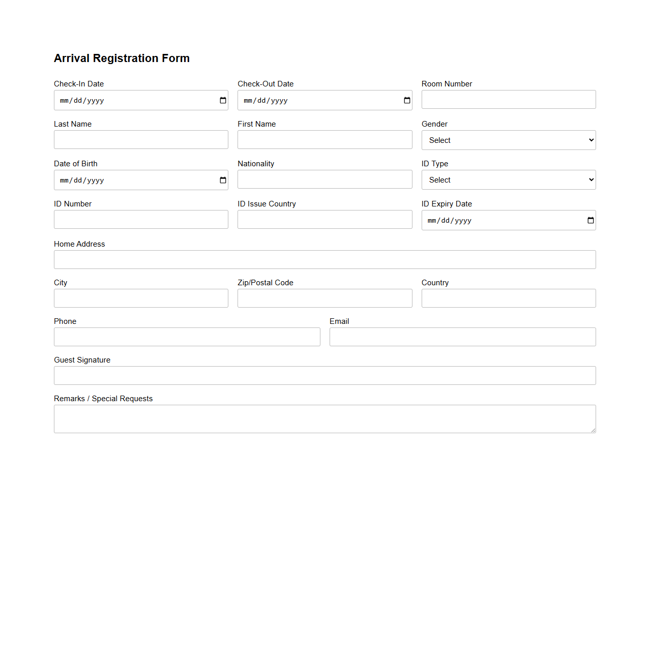 Arrival Registration Form for Hotel Guests