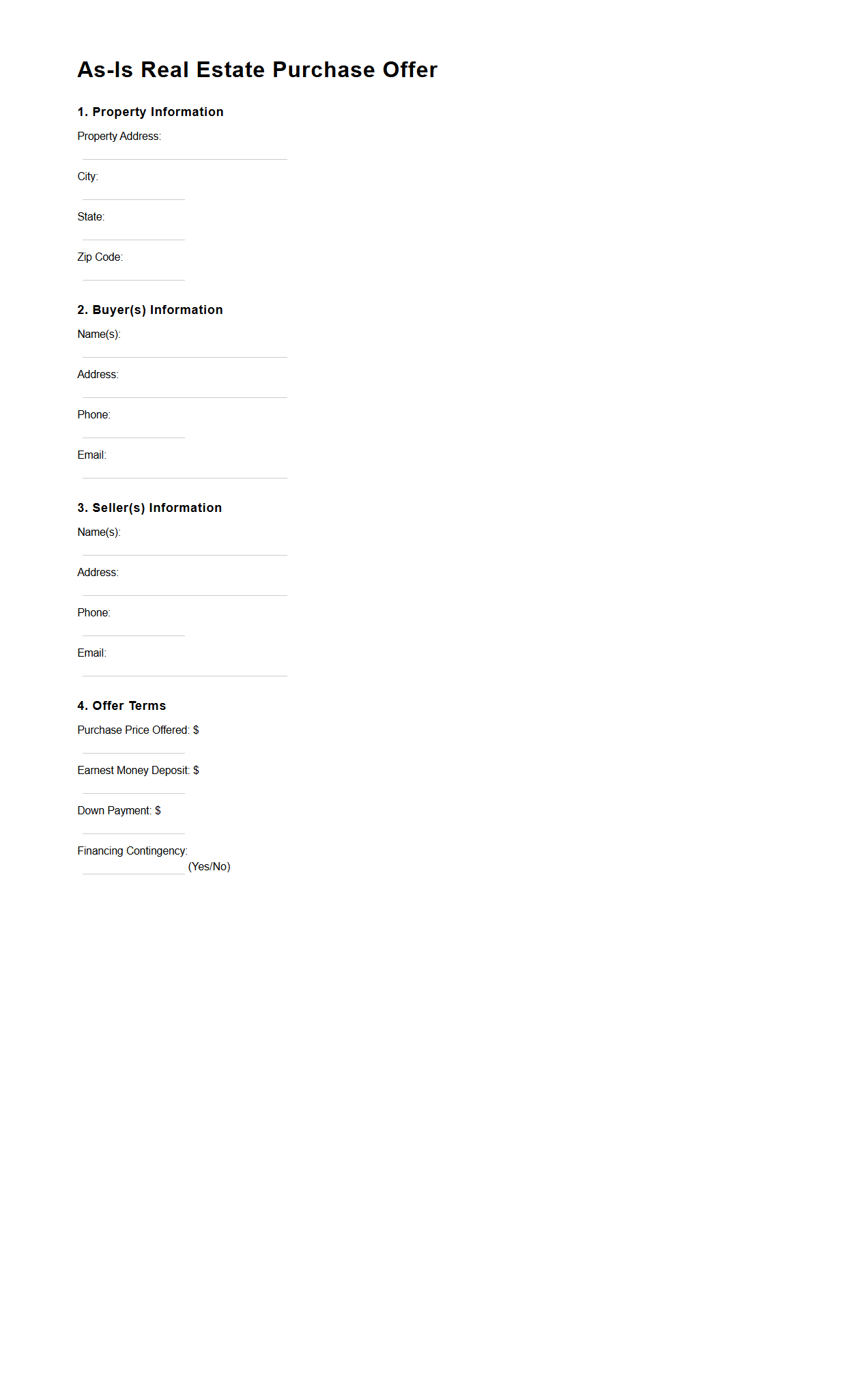 As-Is Real Estate Purchase Offer Document Example