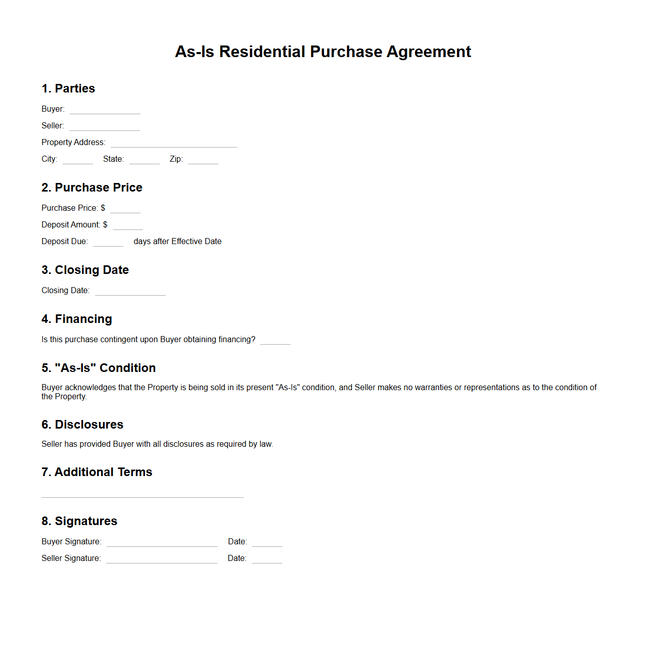 As-Is Residential Purchase Agreement Sample