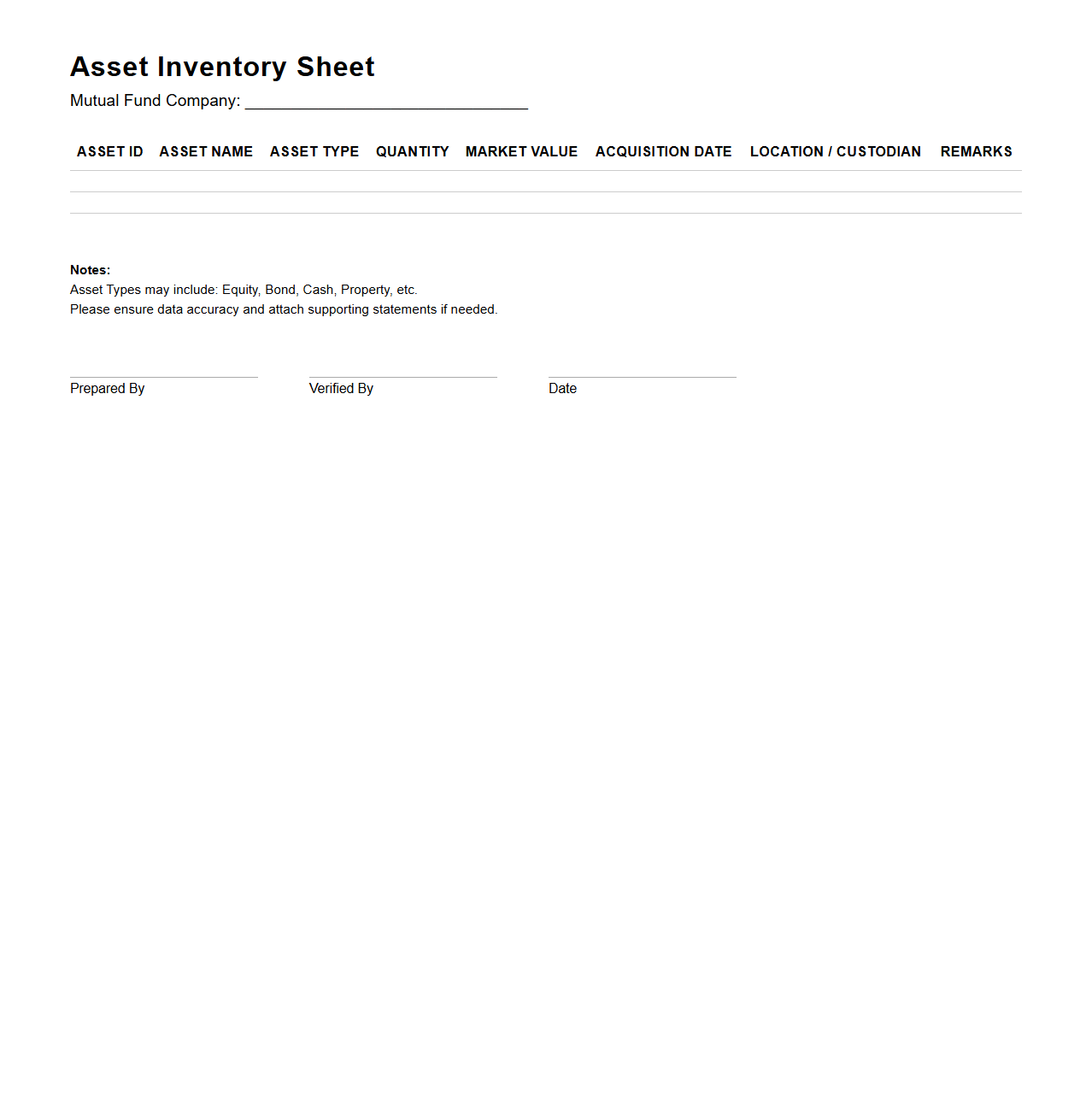 Asset Inventory Sheet for Mutual Fund Companies