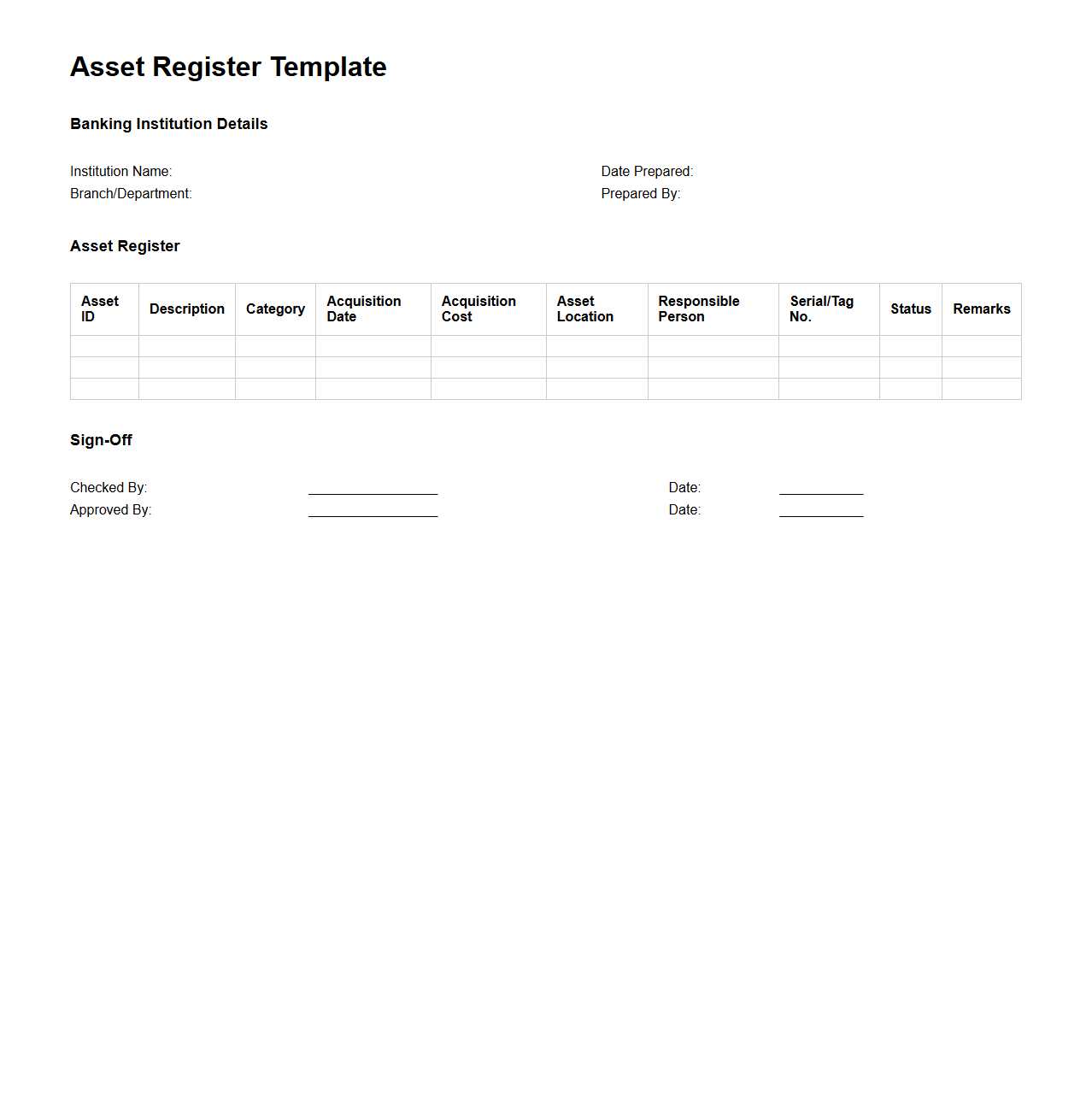 Asset Register Template for Banking Institutions