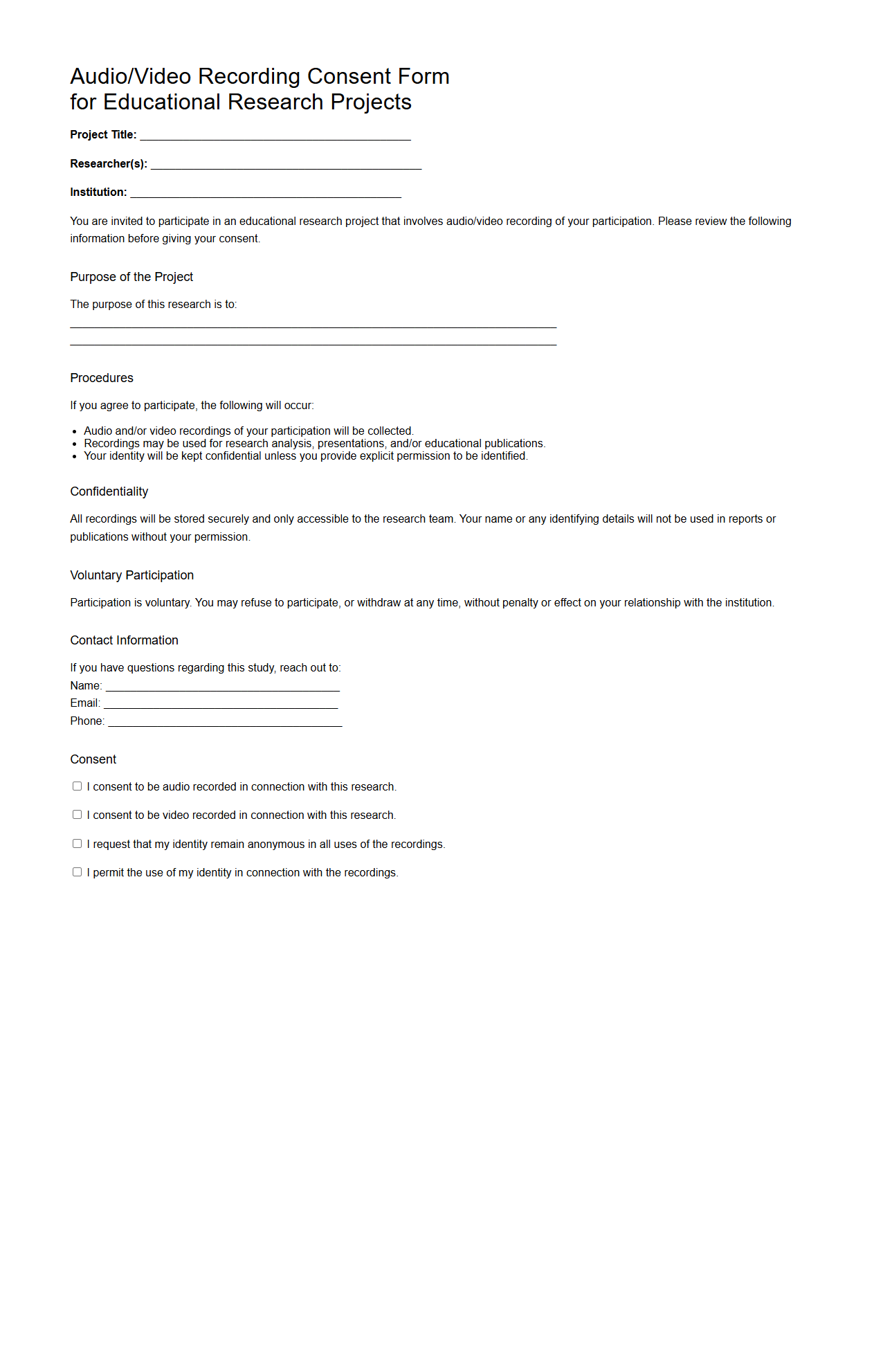 Audio/Video Recording Consent Form for Educational Research Projects