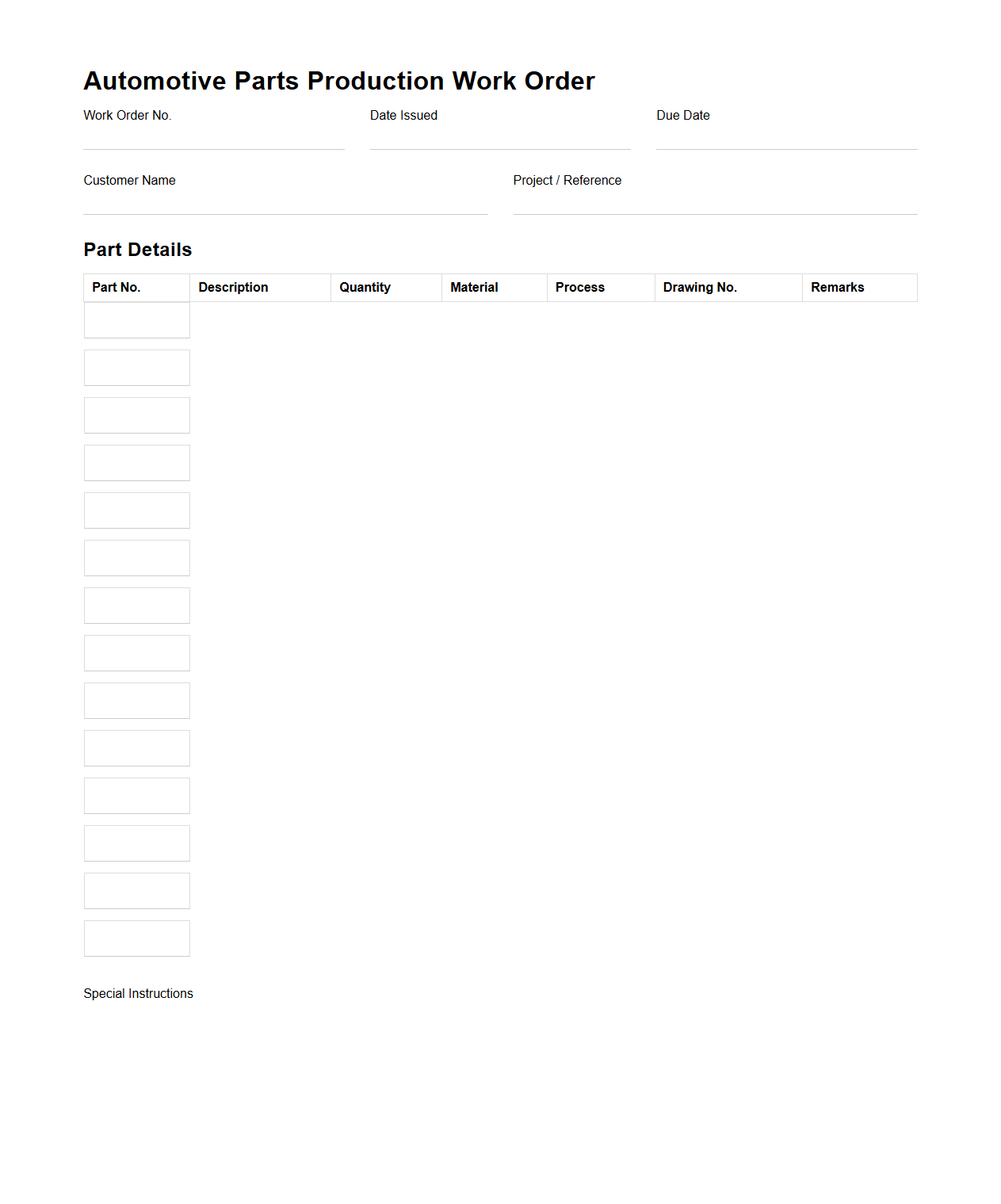 Automotive Parts Production Work Order