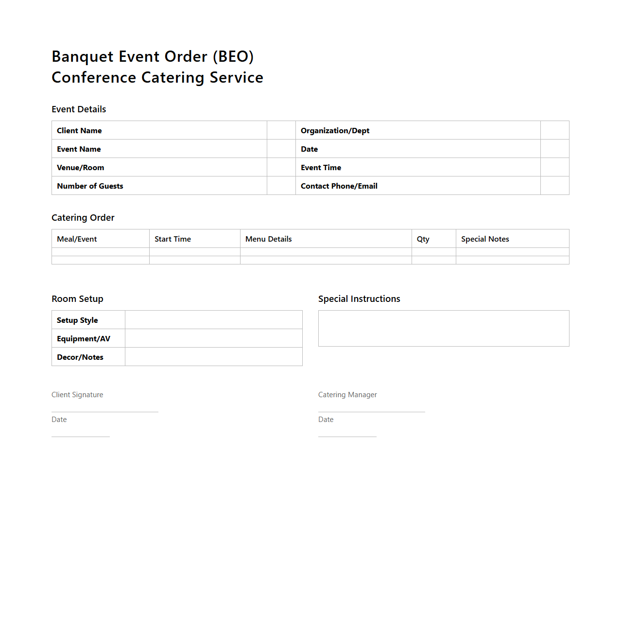 Banquet Event Order for Conference Catering Service