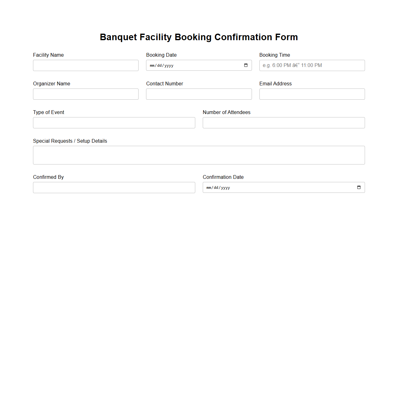 Banquet Facility Booking Confirmation Form