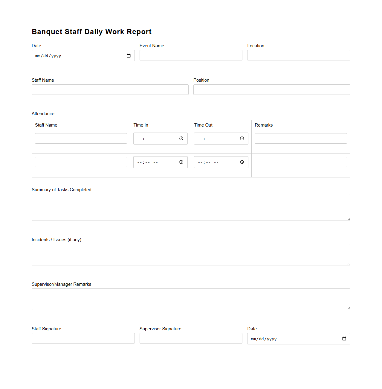 Banquet Staff Daily Work Report