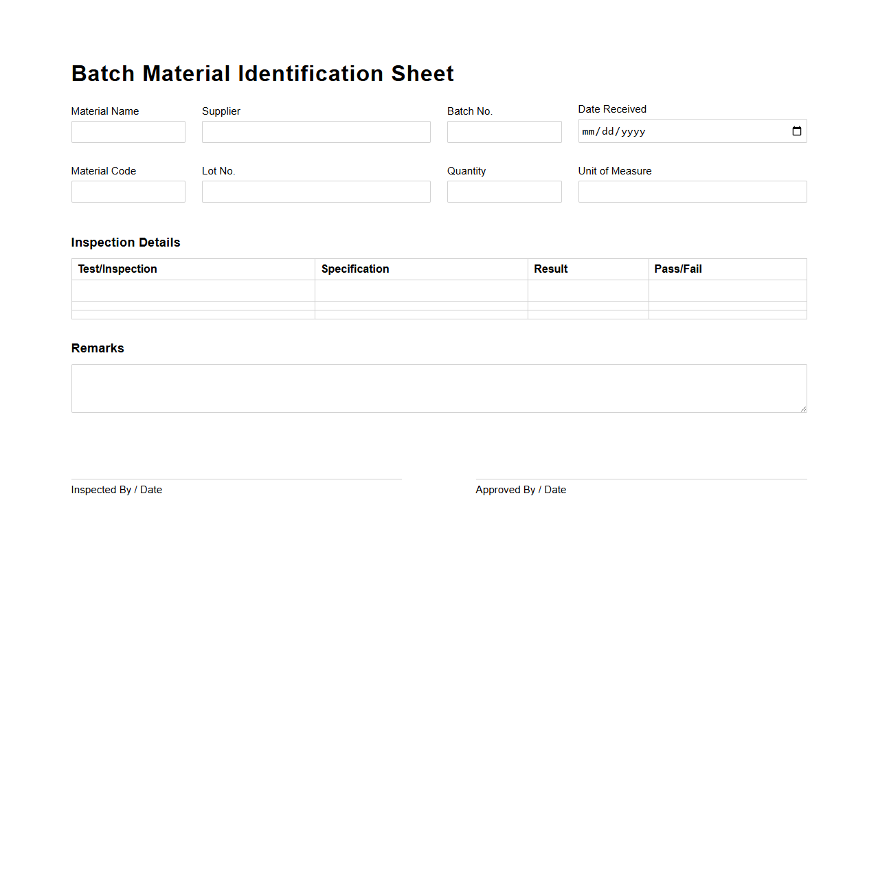 Batch Material Identification Sheet