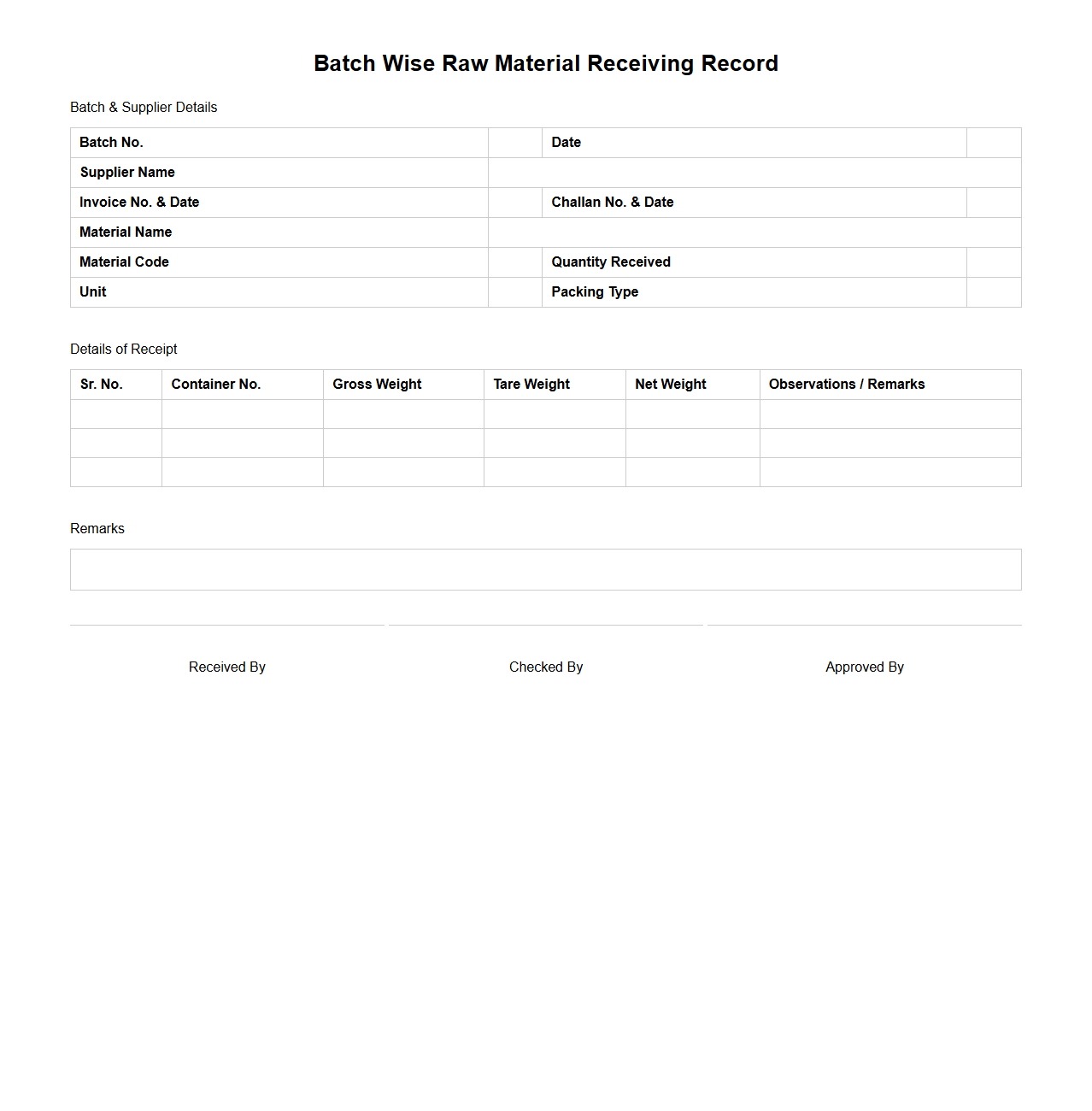 Batch Wise Raw Material Receiving Record Format