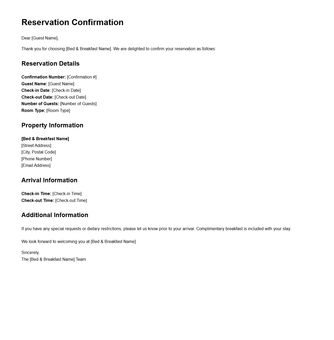 Bed and Breakfast Confirmation Email Sample