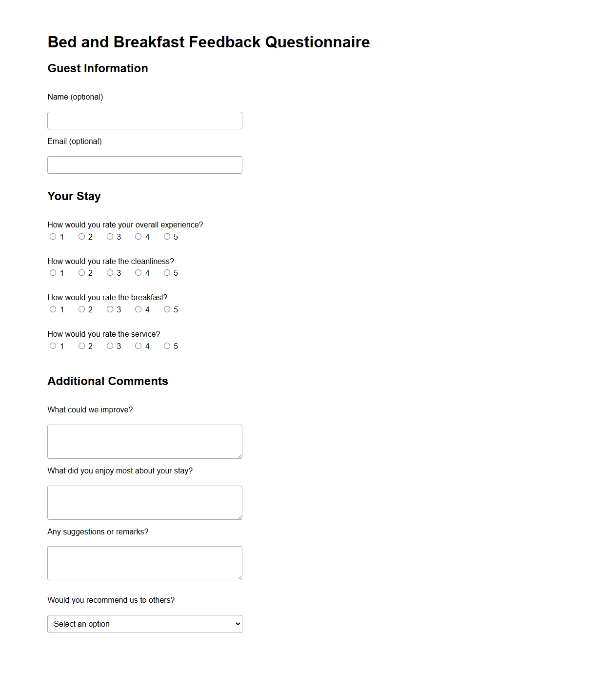 Bed and Breakfast Feedback Questionnaire