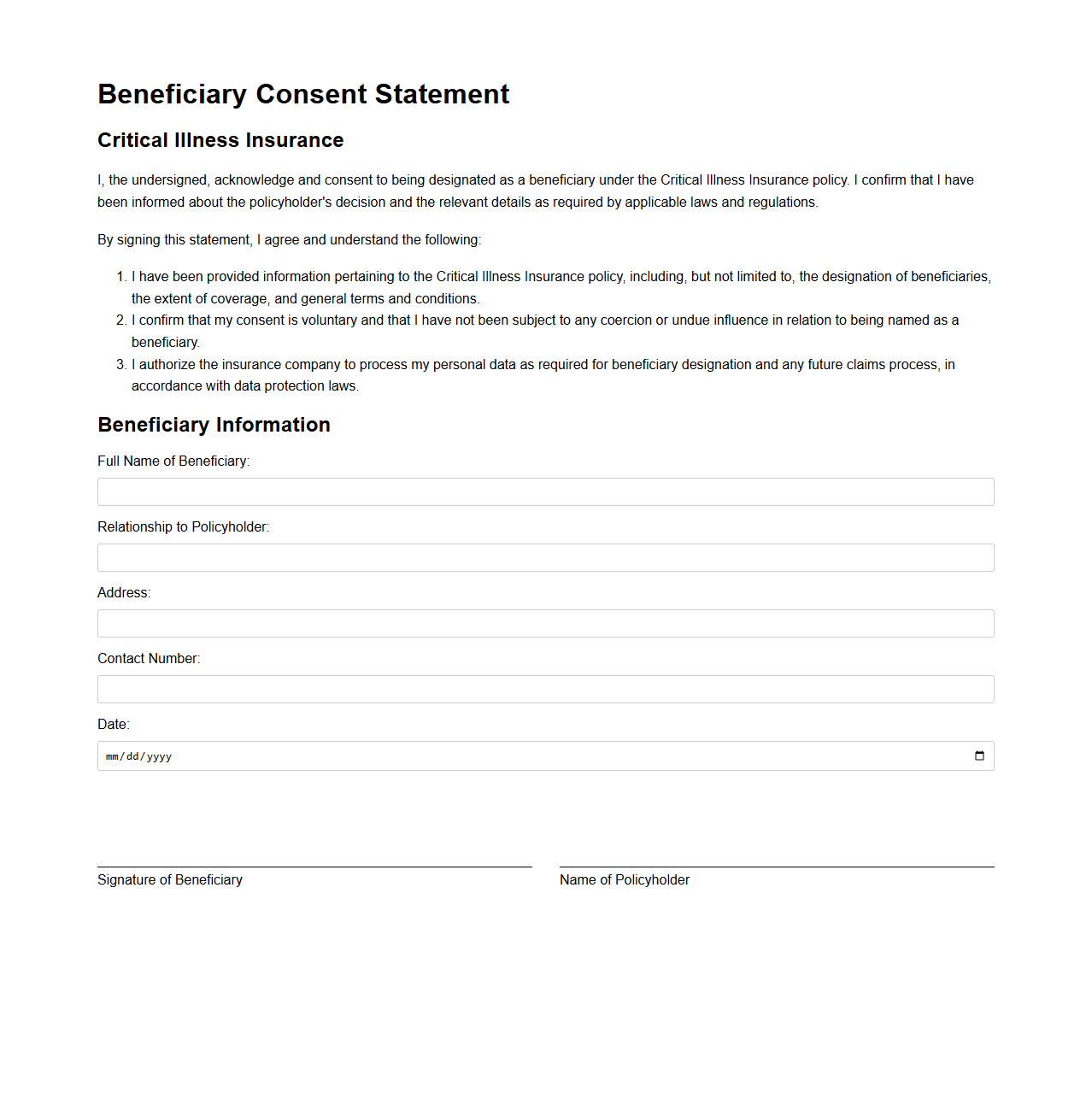 Beneficiary Consent Statement for Critical Illness Insurance