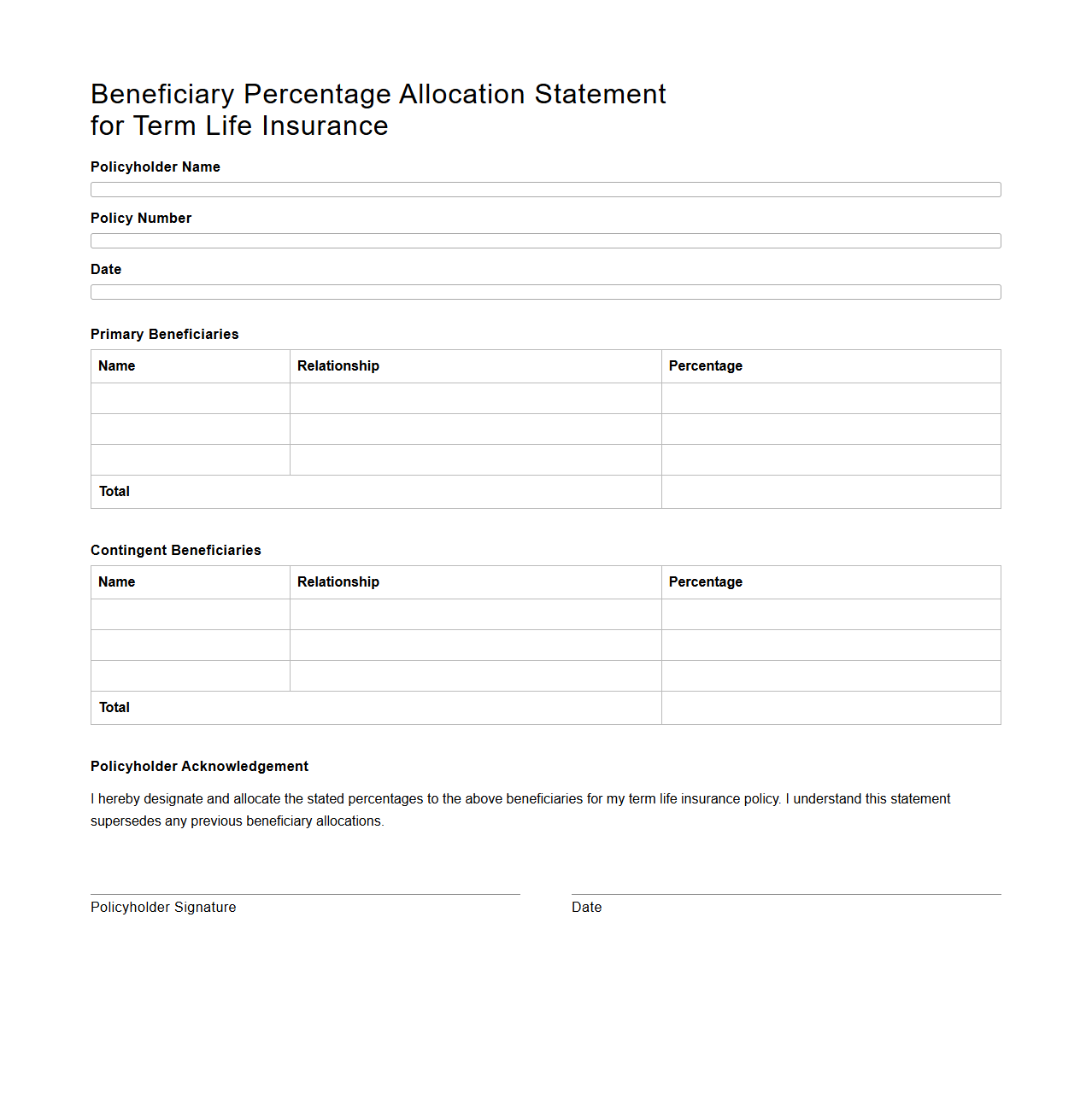 Beneficiary Percentage Allocation Statement for Term Life Insurance