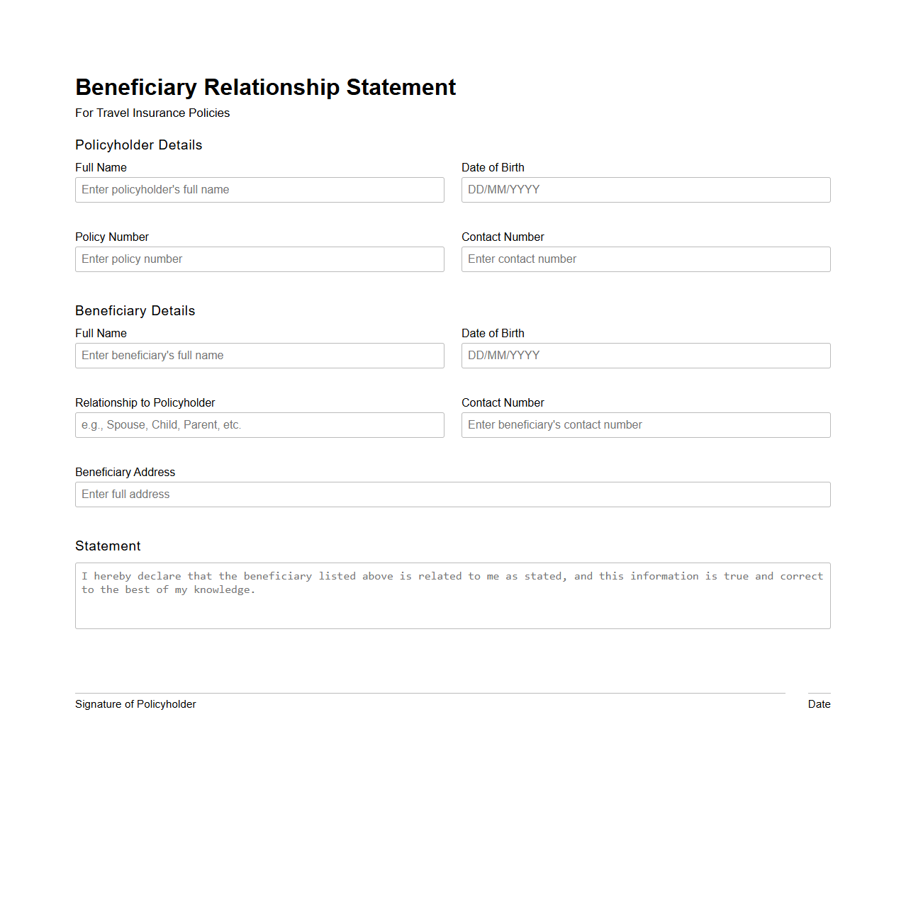 Beneficiary Relationship Statement for Travel Insurance Policies