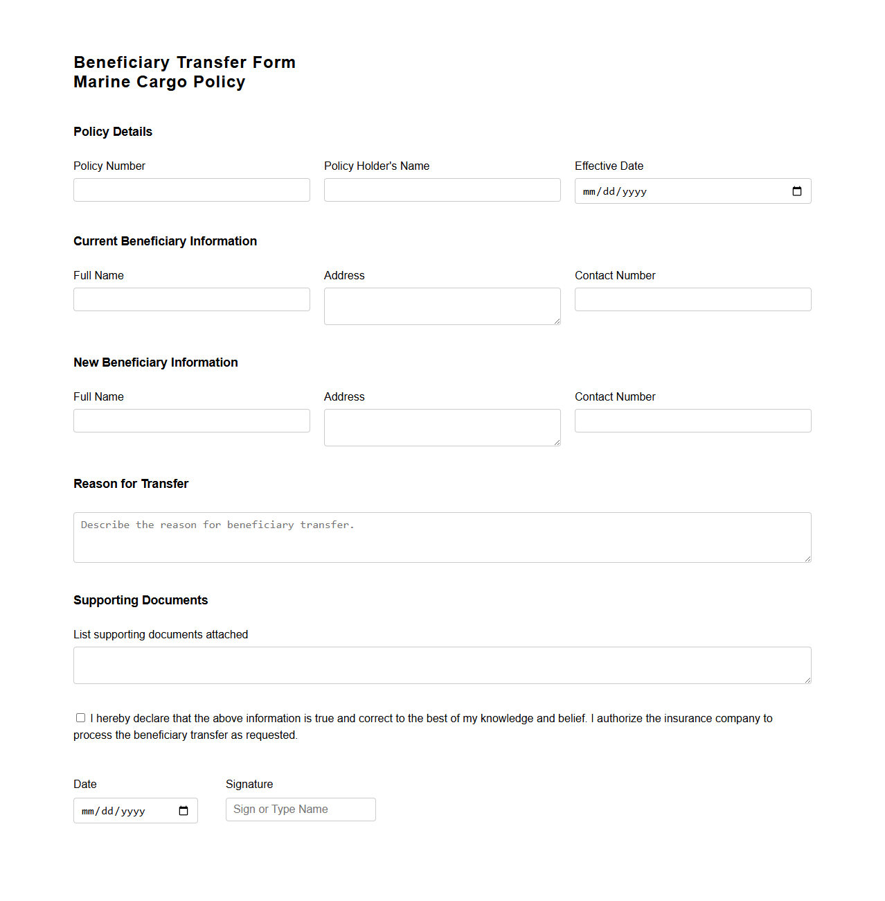 Beneficiary Transfer Form for Marine Cargo Policy