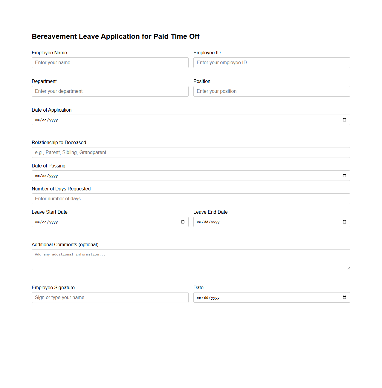 Bereavement Leave Application for Paid Time Off
