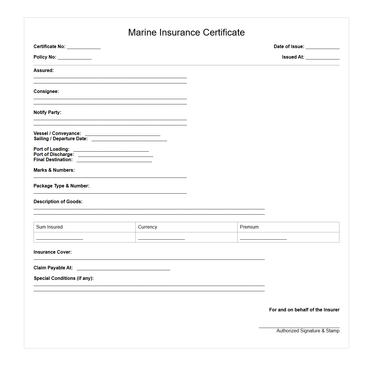 Bill of Lading Marine Insurance Certificate Sample