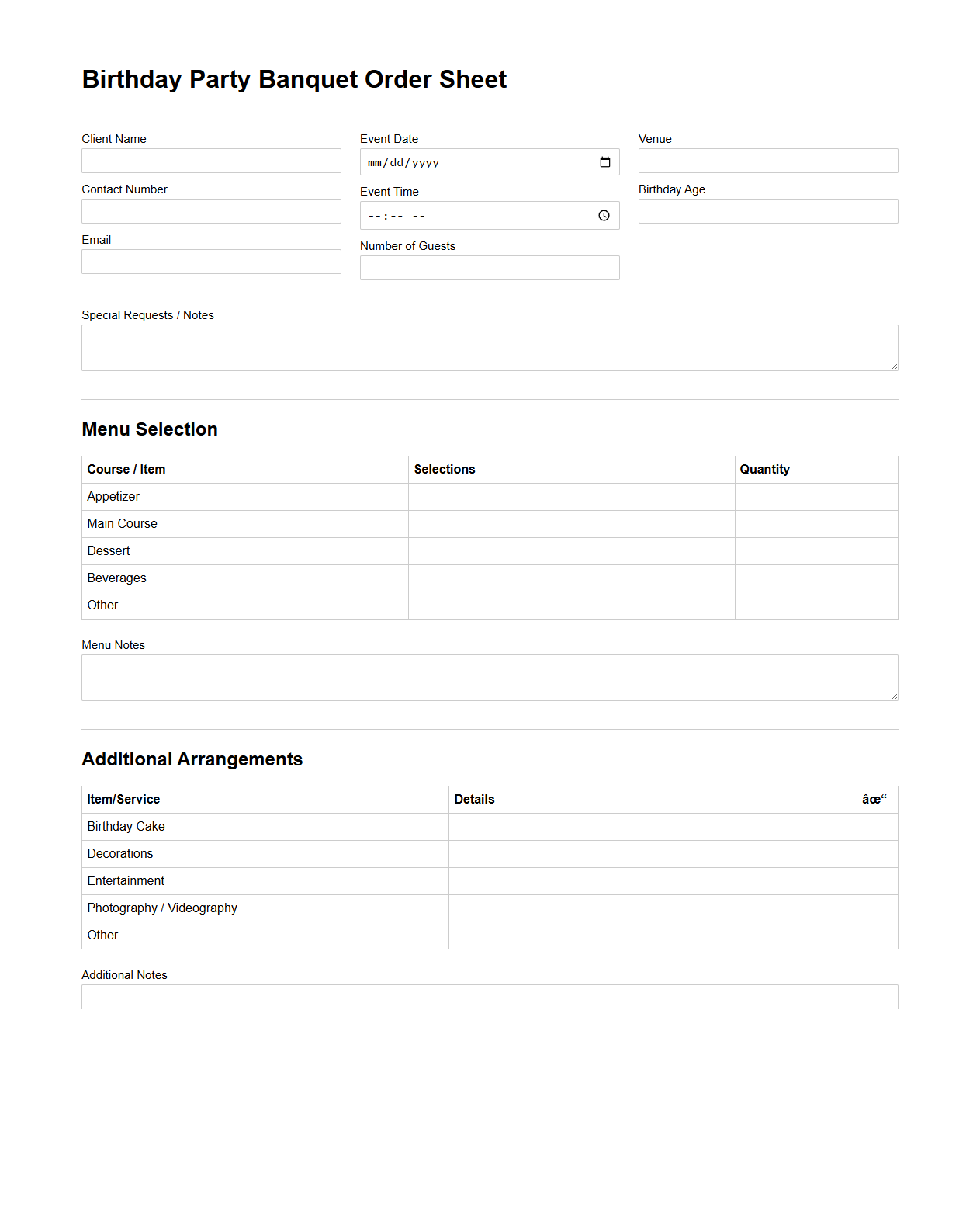 Birthday Party Banquet Order Sheet