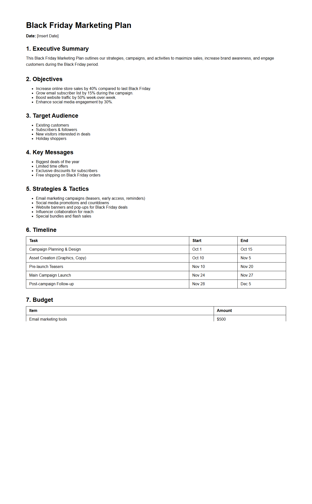 Black Friday Marketing Plan Sample Document