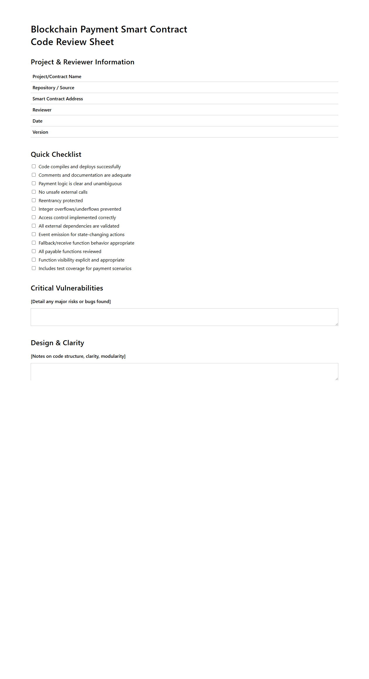 Blockchain Payment Smart Contract Code Review Sheet