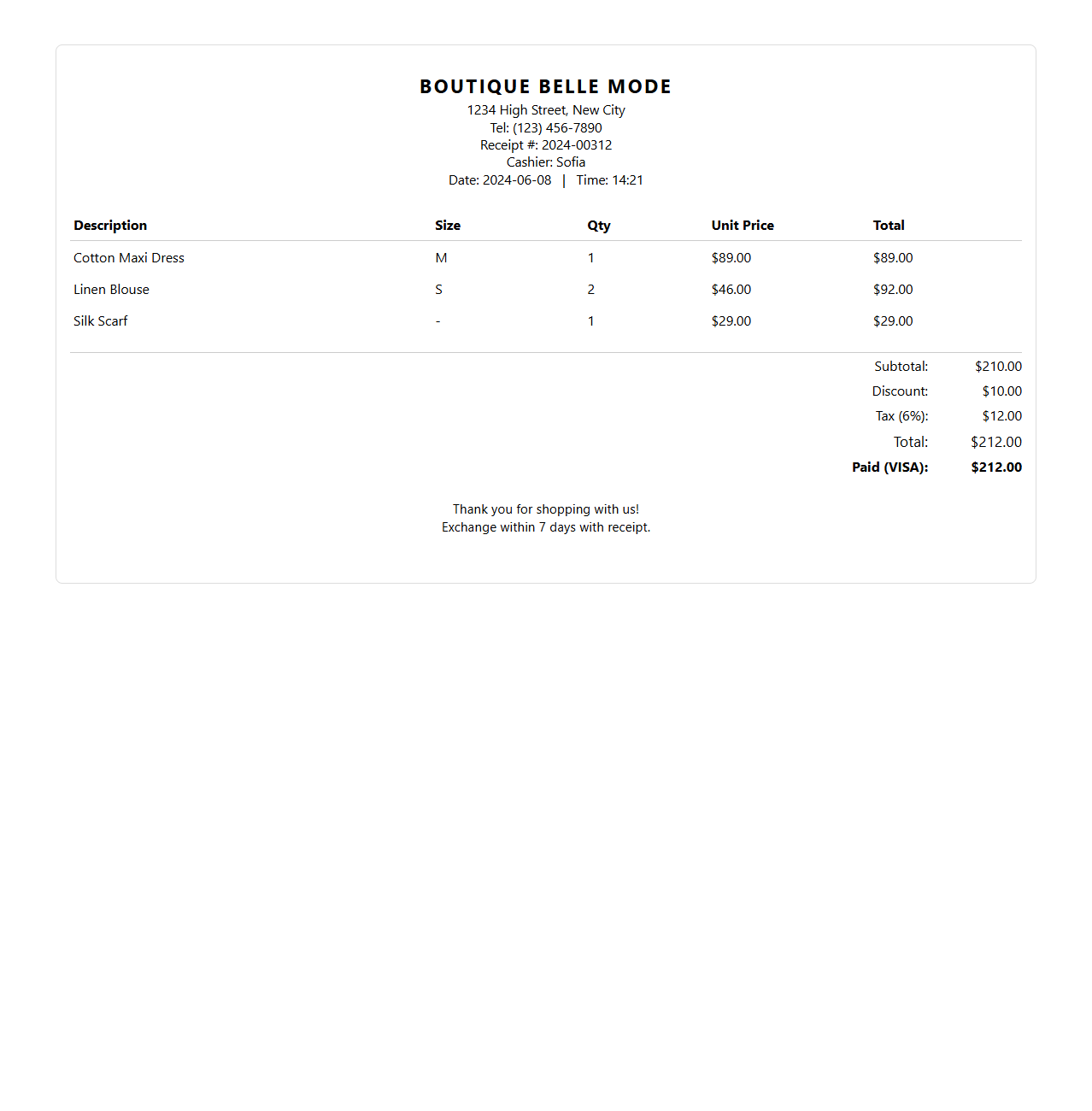 Boutique POS System Receipt Sample