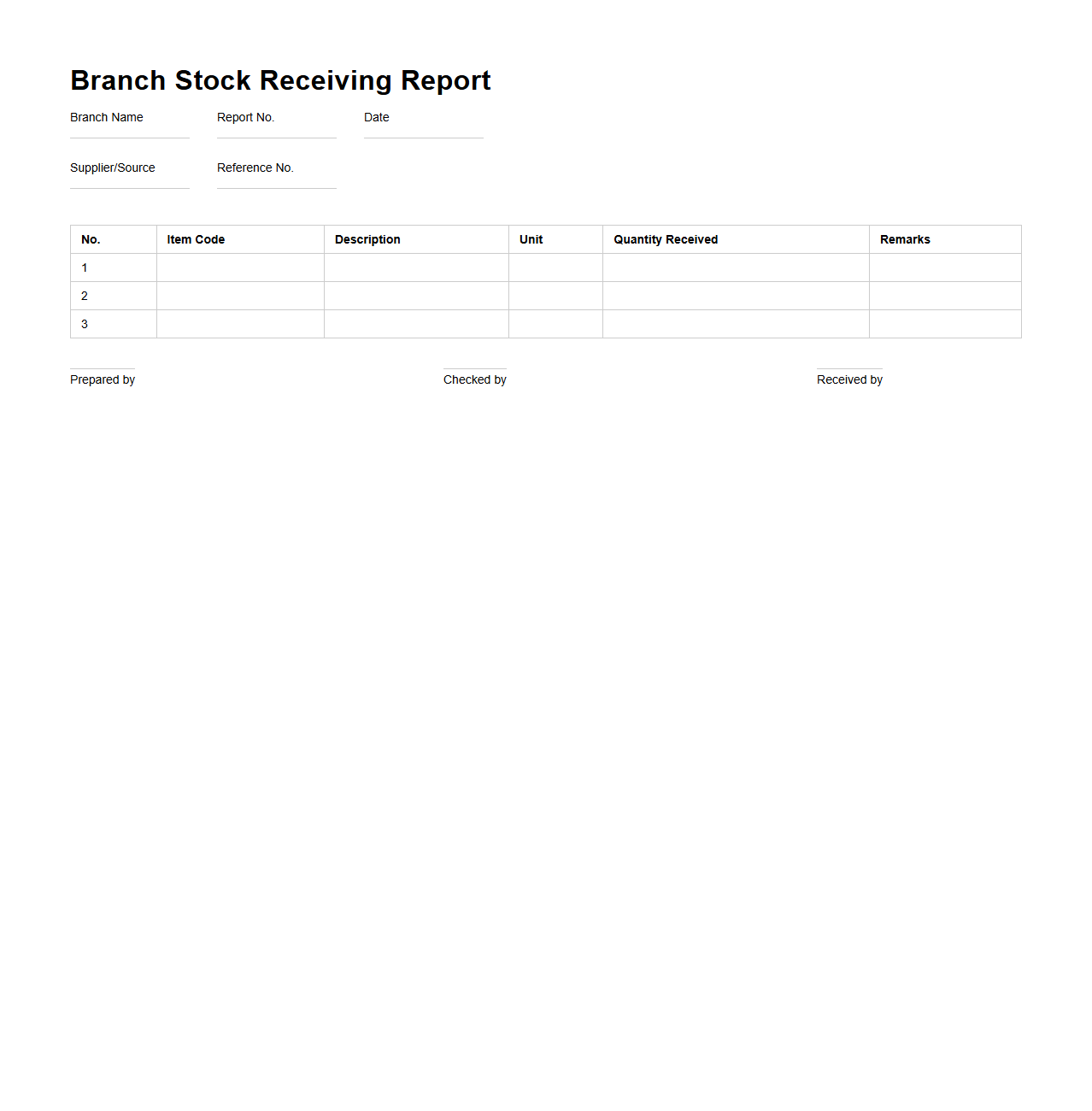 Branch Stock Receiving Report Sample