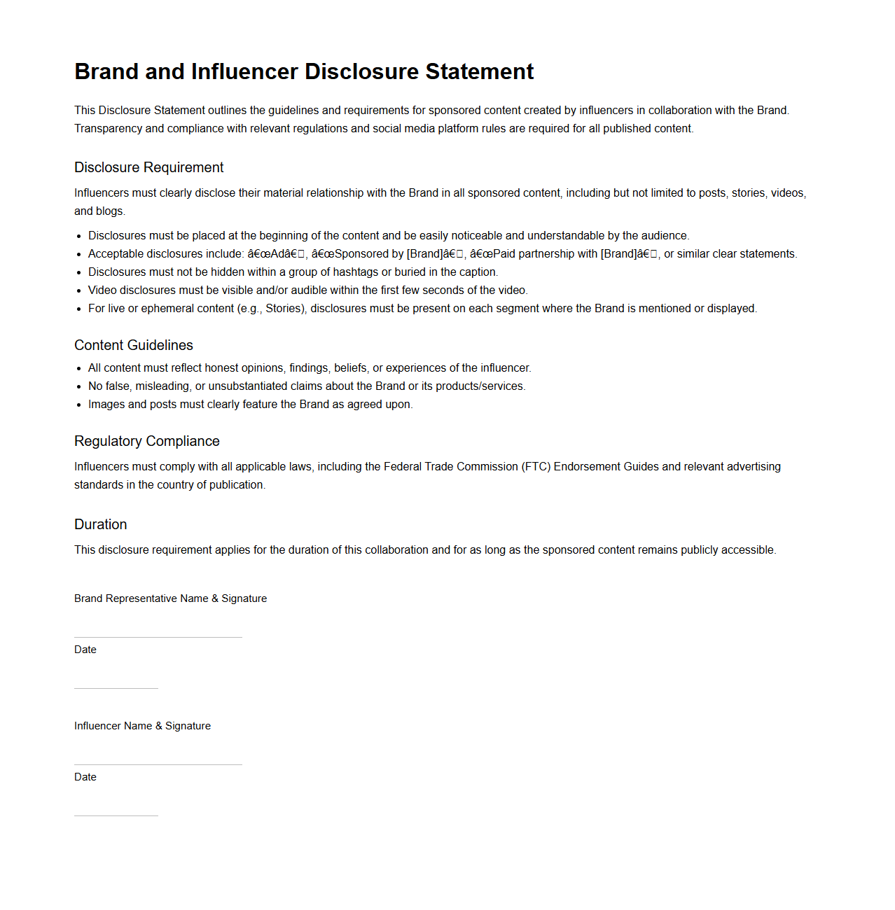 Brand and Influencer Disclosure Statement Example