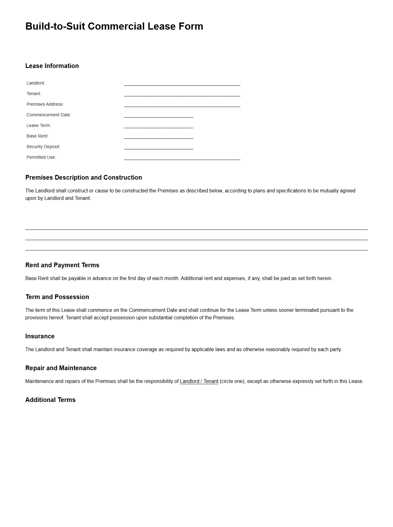 Build-to-Suit Commercial Lease Form