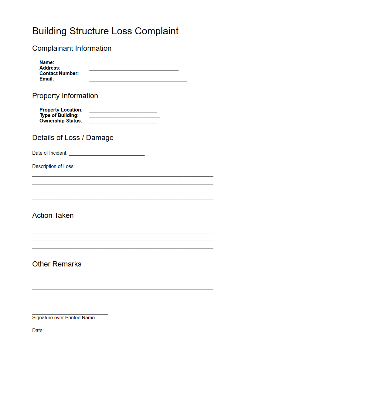 Building Structure Loss Complaint Sample
