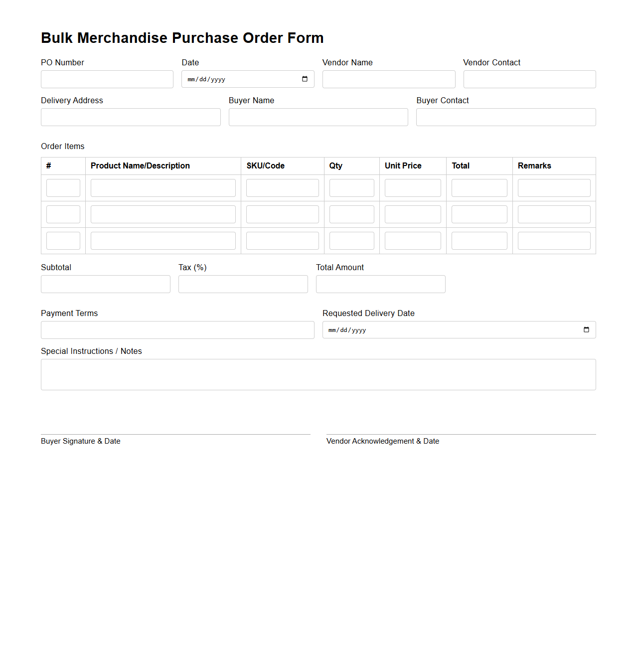 Bulk Merchandise Purchase Order Form