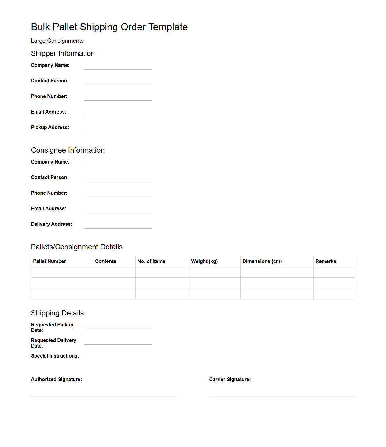 Bulk Pallet Shipping Order Template for Large Consignments