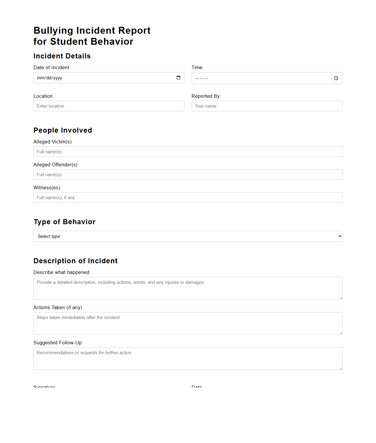 Bullying Incident Report for Student Behavior