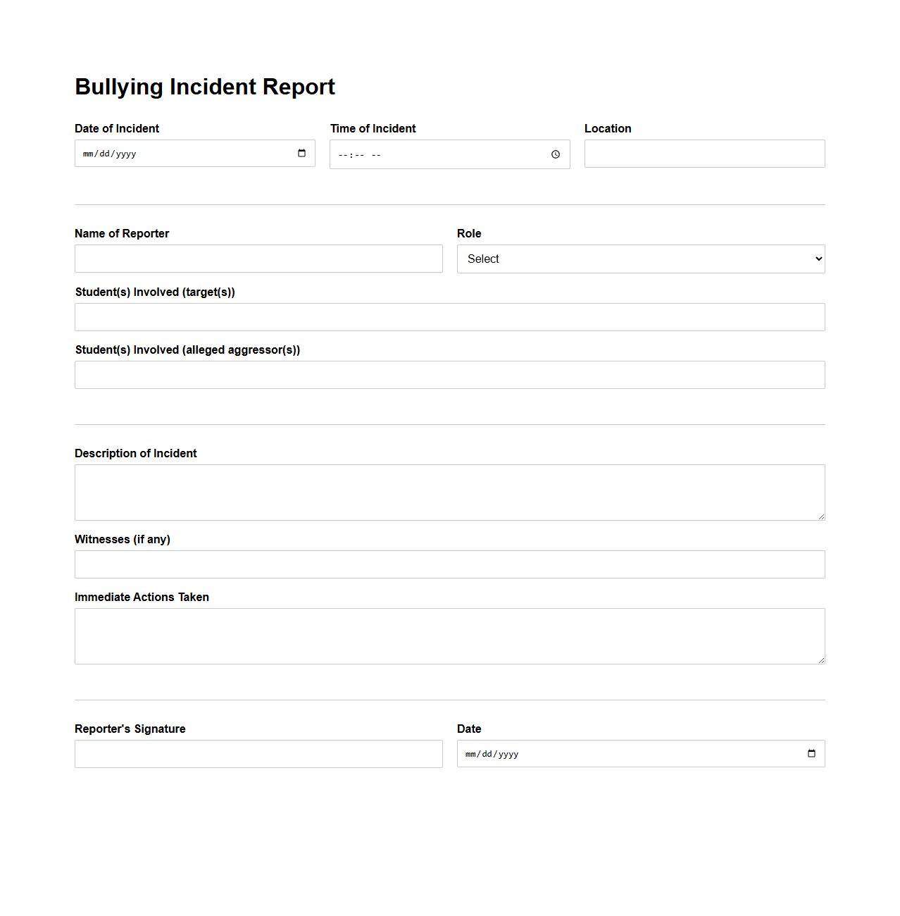 Bullying Incident Report Template for School Offices