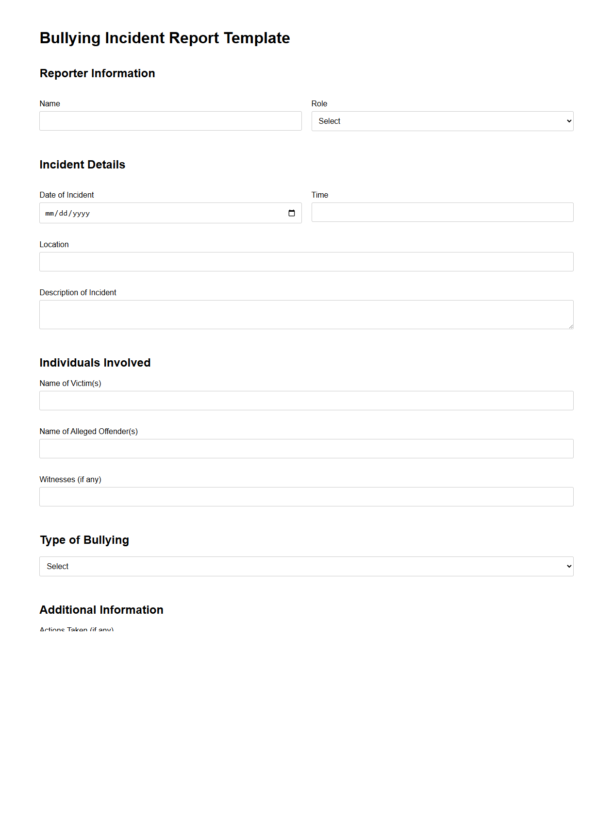 Bullying Incident Report Template for Schools